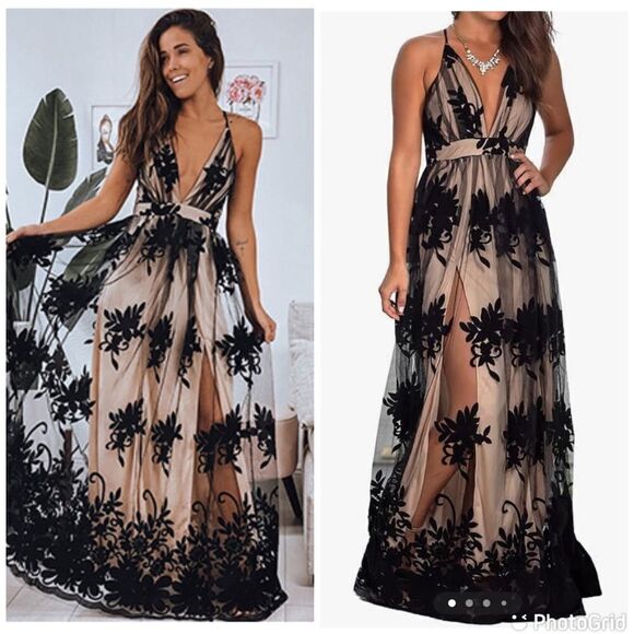 NWT Dokotoo Formal V Neck Floral Embroidery Lace Mesh Velvet Maxi Front Slit Dre - Picture 1 of 15